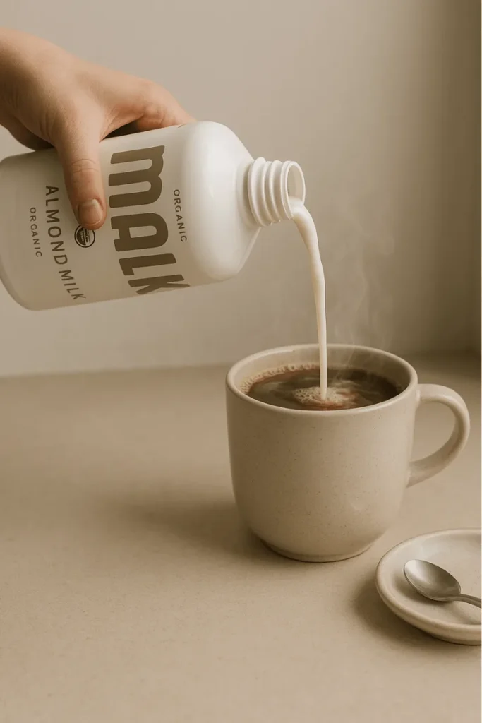 MALK Almond Milk being poured into coffee, creating a creamy dairy-free latte alternative.