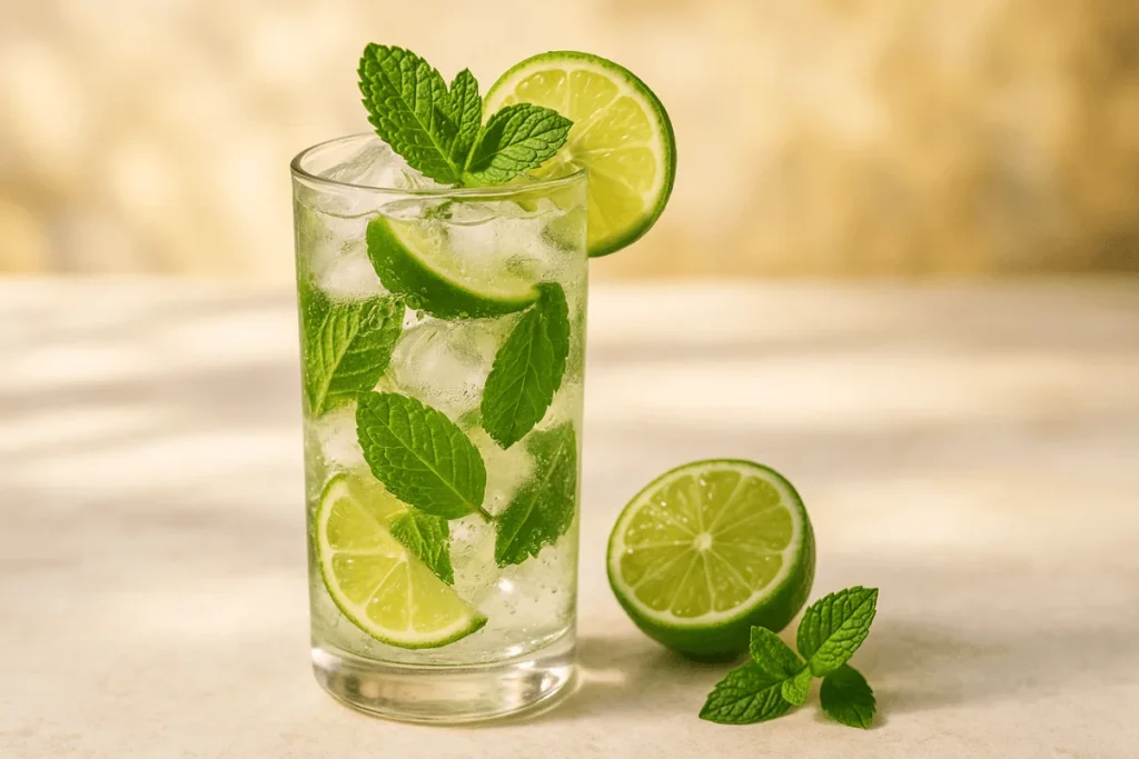 A refreshing virgin mojito mocktail served in a tall glass with lime wedges, mint leaves, and sparkling soda, perfect for summer.