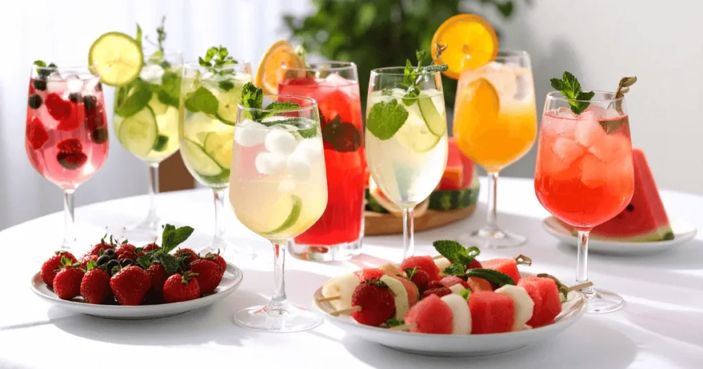 A vibrant display of different homemade mocktails, including mojitos, berry fizz, cucumber lime coolers, and watermelon spritzers, styled on a summer table with fresh fruit and herbs.