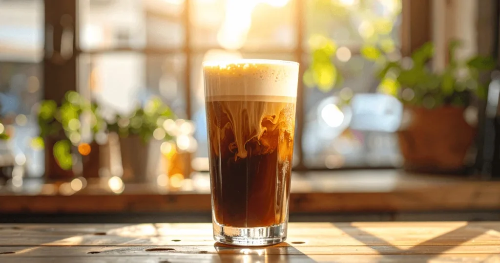 A tall glass of nitro cold brew coffee with creamy foam on top, served in a café setting with natural light.
