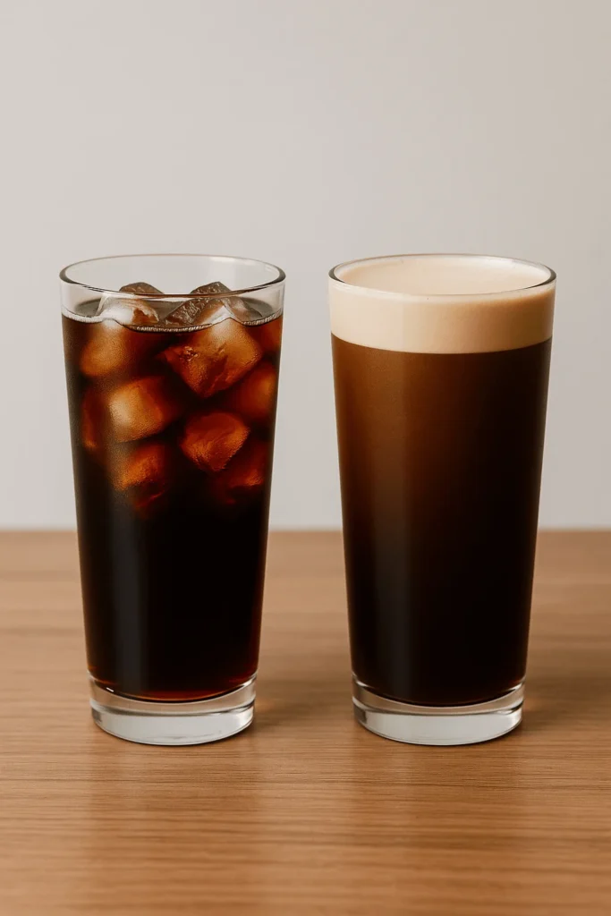 Comparison of nitro cold brew with creamy foam and regular cold brew served over ice.