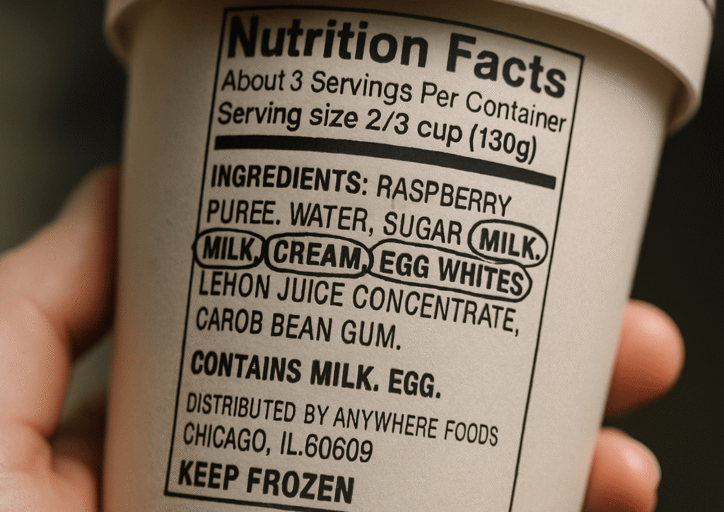 A close-up of a sorbet container label showing hidden ingredients like milk and egg whites in the ingredient list.