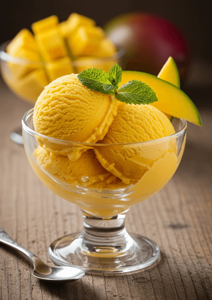 Bright orange mango ice cream scoop in a glass bowl, garnished with mint and mango slice, placed on a rustic wood table.