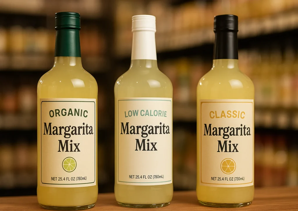 Close-up of three best-selling margarita mixes for 2025: organic, classic, and low-calorie versions.
