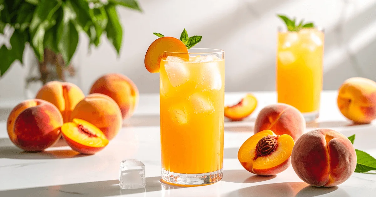 A glass of homemade peach juice with ripe peaches on a wooden table, showcasing a refreshing summer drink made without a juicer.