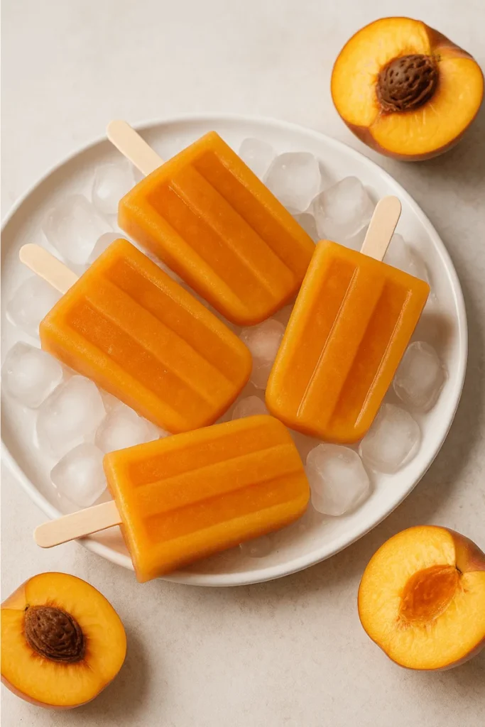 Homemade peach juice popsicles served on ice, a refreshing way to enjoy peach nectar without a juicer.
