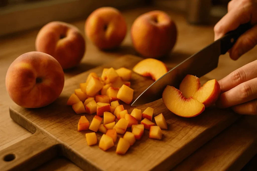 Fresh ripe peaches being sliced on a wooden cutting board, the first step to making peach juice without a juicer.