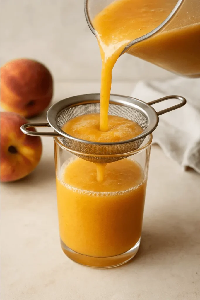 Fresh peach juice being strained through a mesh strainer into a glass for a smoother texture.