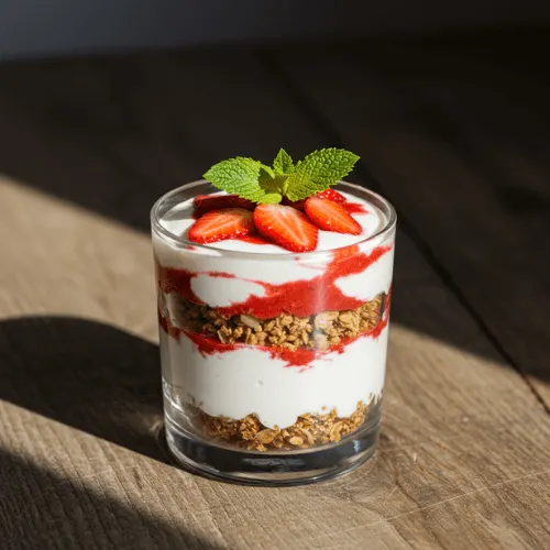 A yogurt parfait layered with strawberry puree, granola, and fresh fruit in a clear glass.