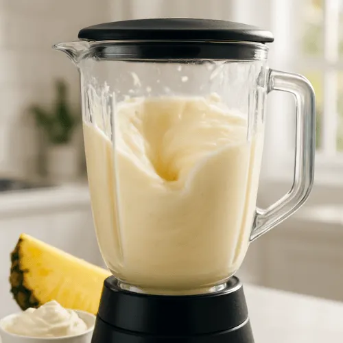 A blender filled with pineapple and coconut cream mixture, creating a smooth Piña Colada in a bright kitchen setting.