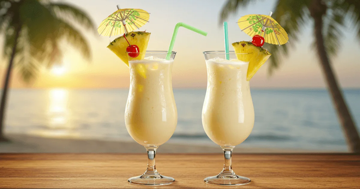 A creamy Piña Colada served in a hurricane glass, garnished with pineapple, cherry, and a cocktail umbrella, set against a sunny tropical beach background.