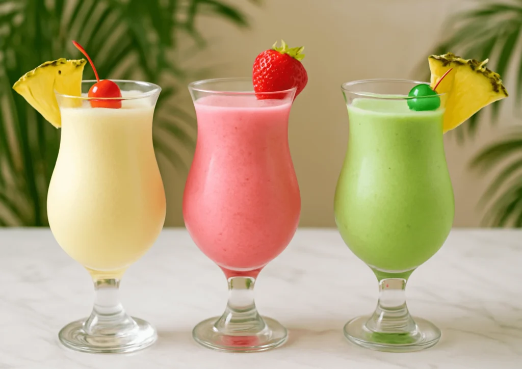 Three Piña Colada variations in tall glasses — classic, strawberry, and matcha — displayed with tropical garnishes.