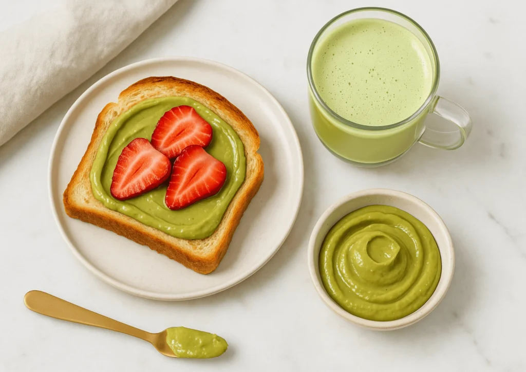 Toast topped with pistachio butter and fresh strawberries, a glass of pistachio latte, and a bowl of pistachio butter on a marble breakfast table.