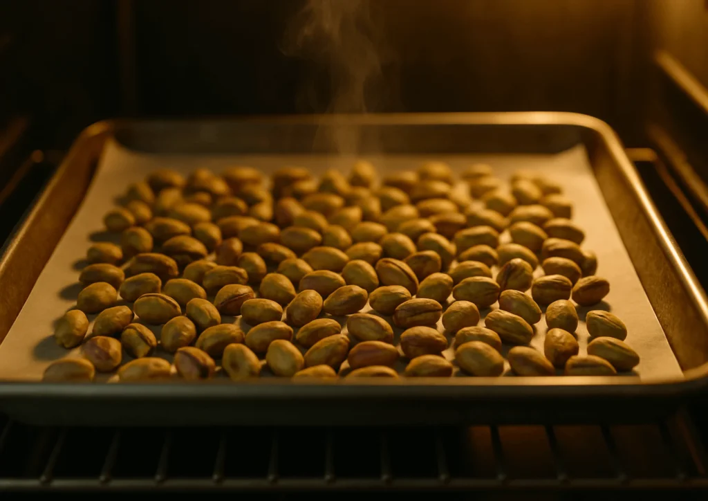 Pistachios roasting on a baking tray inside an oven, releasing natural oils for better blending.