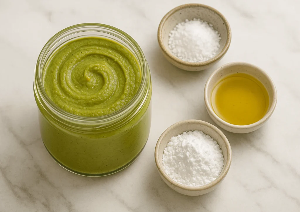 Jar of pistachio butter with ingredients like salt, sugar, and oil for custom flavoring.
