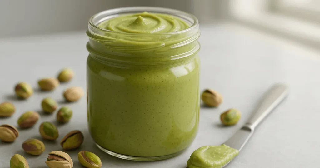 A glass jar of vibrant green pistachio butter on a rustic table with scattered pistachios and a butter knife.