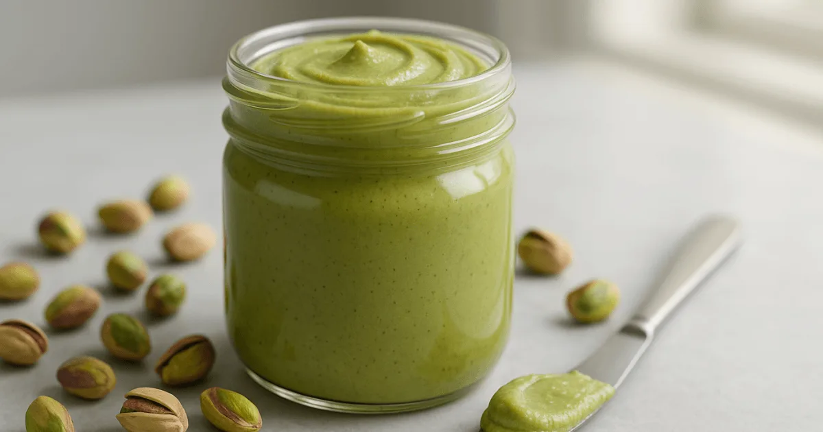 A glass jar of vibrant green pistachio butter on a rustic table with scattered pistachios and a butter knife.