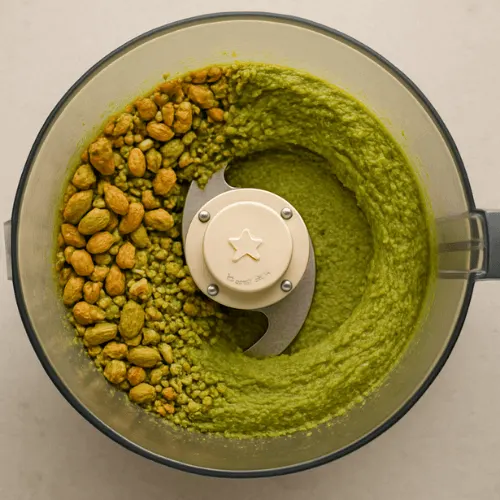 A food processor blending pistachios into a creamy butter with visible texture changes.