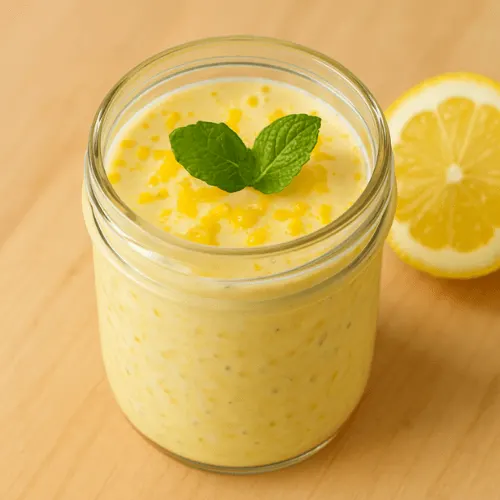 Creamy lemon zest protein overnight oats topped with lemon zest and mint in a mason jar.