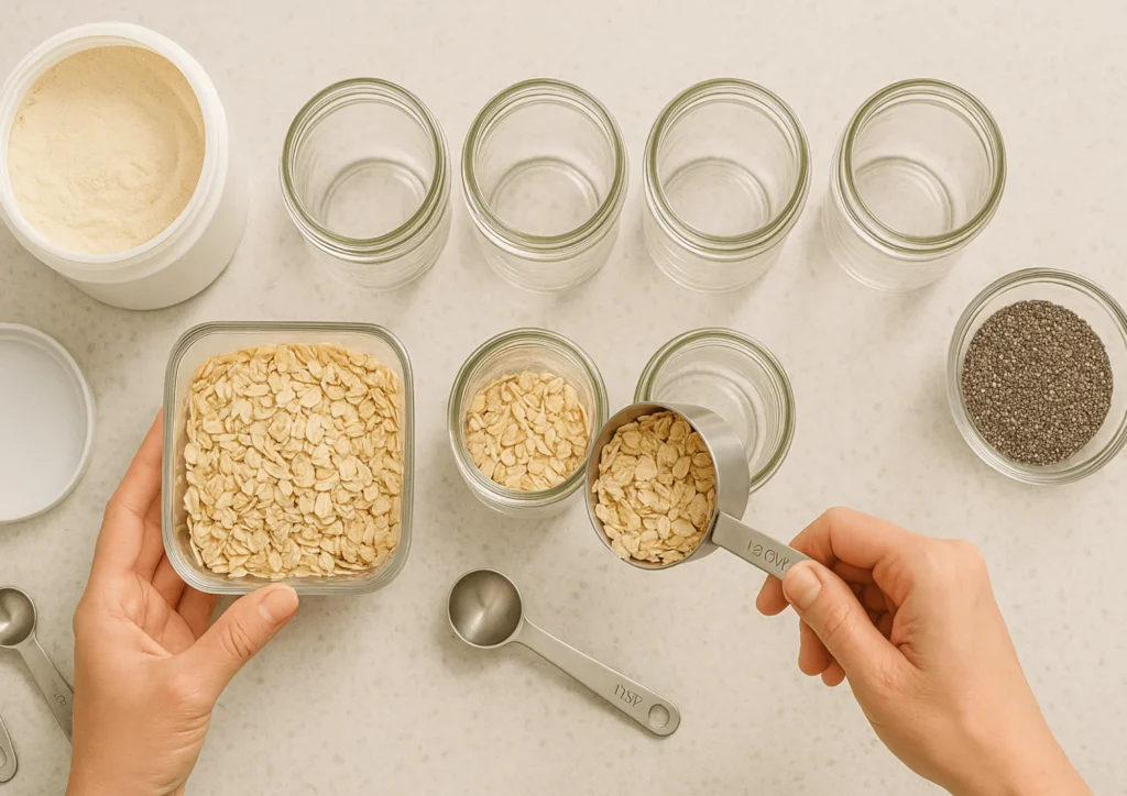 Person preparing protein overnight oats in mason jars with oats, chia seeds, and protein powder on the table.
