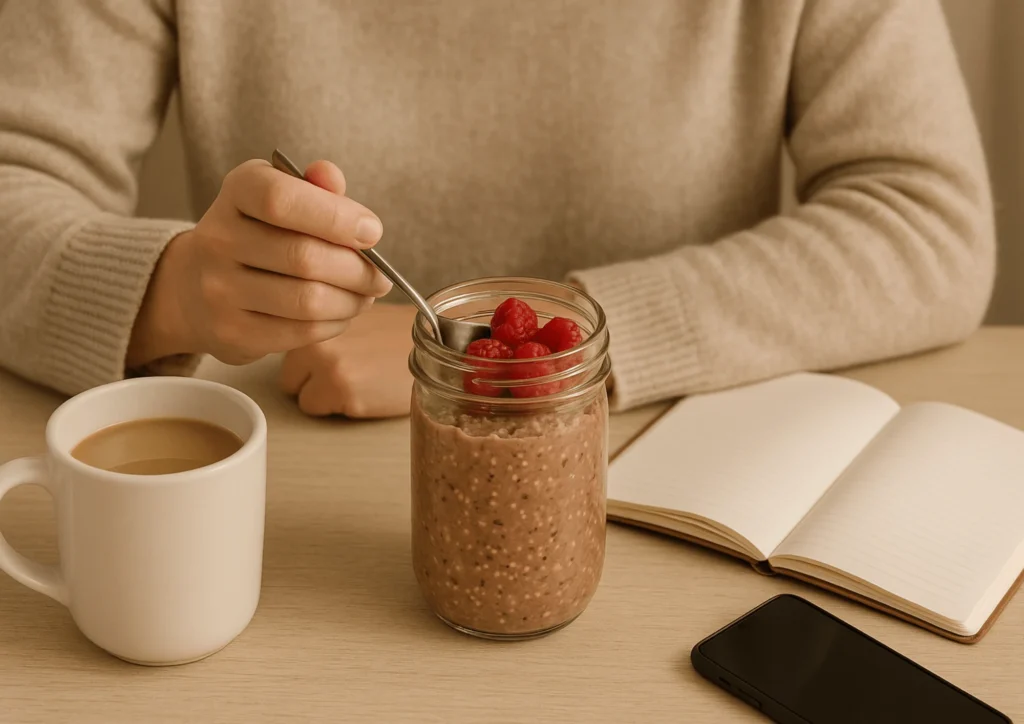 Person enjoying chocolate raspberry protein overnight oats in a jar with coffee and a phone on the table.