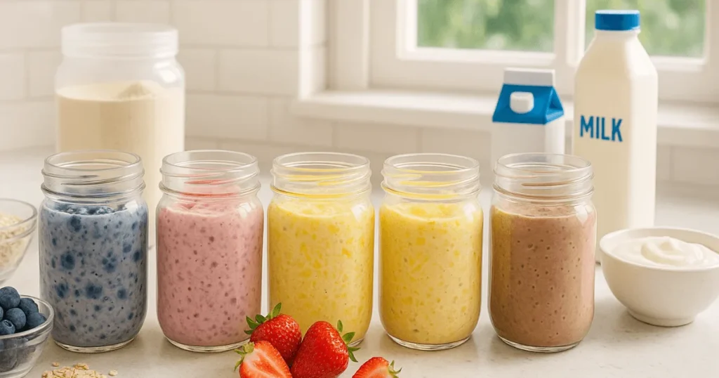Five jars of protein overnight oats with different flavors like blueberry and chocolate on a kitchen counter with natural lighting.