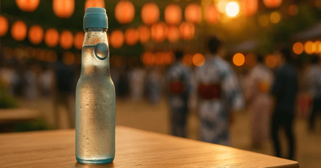 A cold Ramune soda bottle with condensation, marble visible, on a wooden table at a Japanese summer festival with lanterns and people in the background.