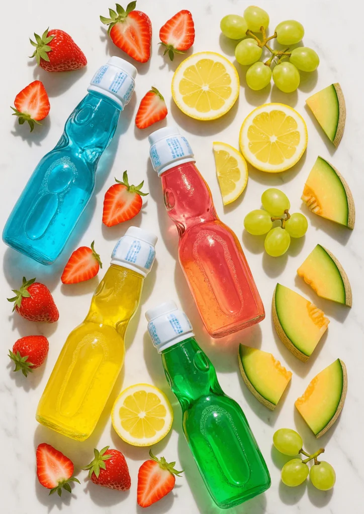 An overhead view of colorful Ramune soda bottles with matching fresh fruits on a white marble surface.