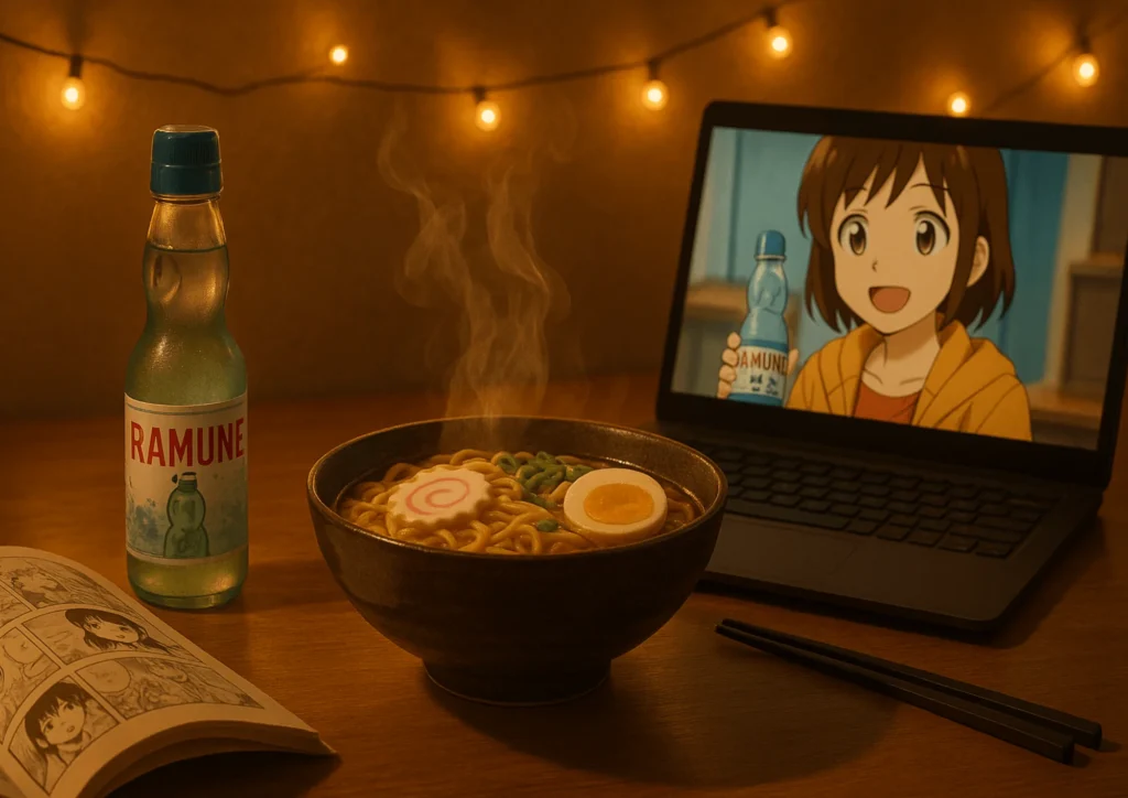 A bottle of Ramune soda next to ramen, manga, and an anime scene featuring Ramune in a cozy desk setup.