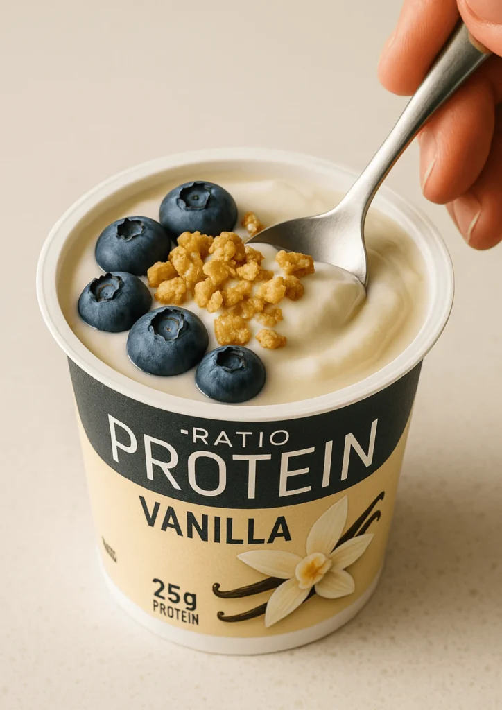 A spoonful of Vanilla Ratio Yogurt topped with blueberries and granola, ready to eat.