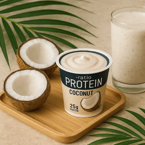 Coconut Ratio Yogurt surrounded by tropical decor and fresh coconuts for a beachy vibe.