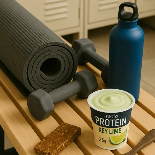 Key Lime Ratio Protein Yogurt placed beside fitness gear for a healthy post-gym snack.