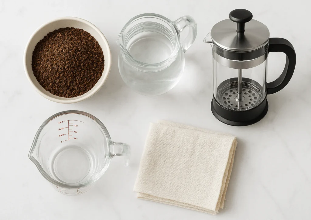 Coffee grounds, water, and French press setup for making homemade cold brew.