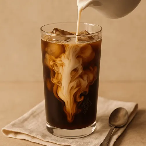 Creamy vanilla almond milk being poured into a glass of iced cold brew coffee.