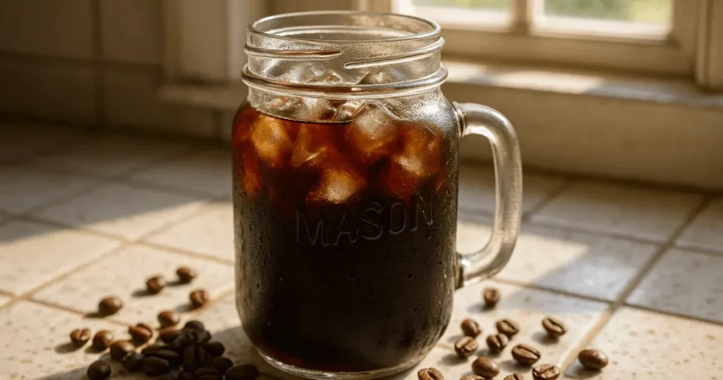 Mason jar filled with homemade Stok-style cold brew coffee on a rustic kitchen counter.