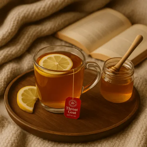 A comforting cup of Throat Coat Tea with lemon and honey, styled for a cozy self-care routine during cold or travel recovery days.