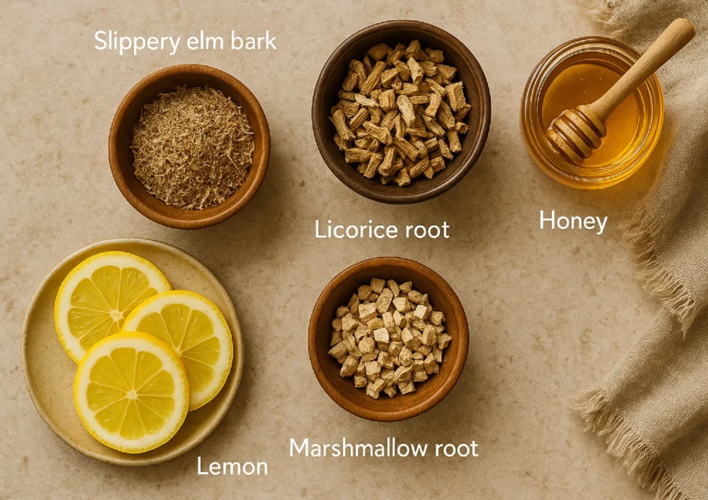 Herbal ingredients for Throat Coat Tea, including slippery elm, licorice root, and marshmallow root, arranged with lemon and honey.