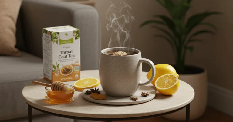 A cozy cup of Throat Coat Tea steeping with honey and lemon beside it, perfect for soothing sore throats naturally.