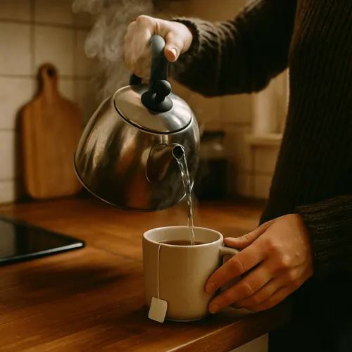 Boiling water being poured over a Throat Coat Tea bag and covered to steep properly for optimal throat-soothing benefits.