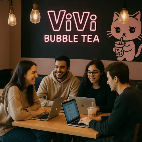 Close-up of Vivi Bubble Tea’s order options with customizable sugar, ice, and topping levels, highlighting the personalized drink experience.