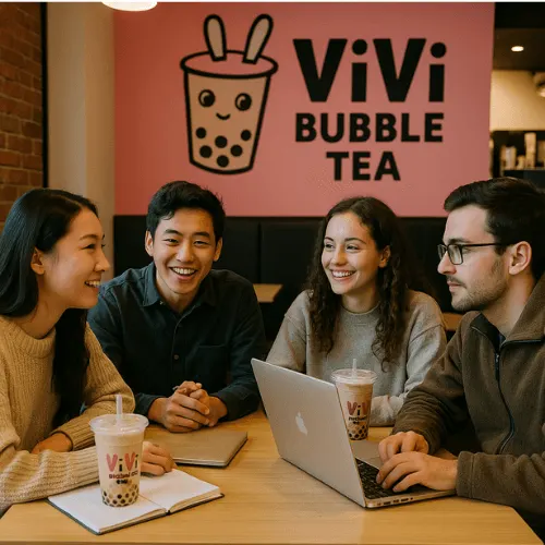 Group of friends enjoying bubble tea and studying in a cozy Vivi Bubble Tea café with modern decor and welcoming atmosphere.