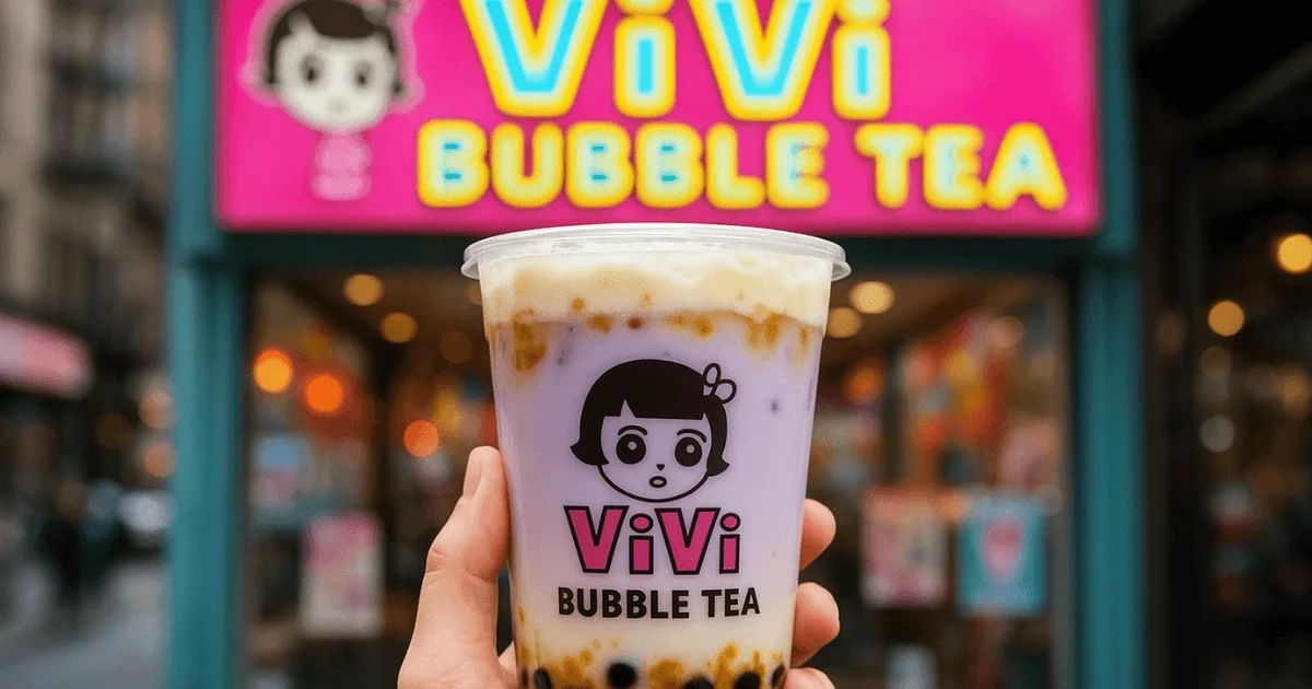 Person holding a Vivi Bubble Tea drink in front of a Vivi shop with colorful signage and authentic Taiwanese bubble tea branding.