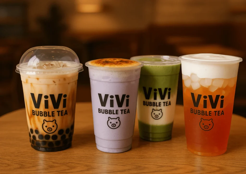 Assorted Vivi Bubble Tea drinks including brown sugar milk tea, taro, matcha, and fruit tea on a table with toppings like jelly and cheese foam.