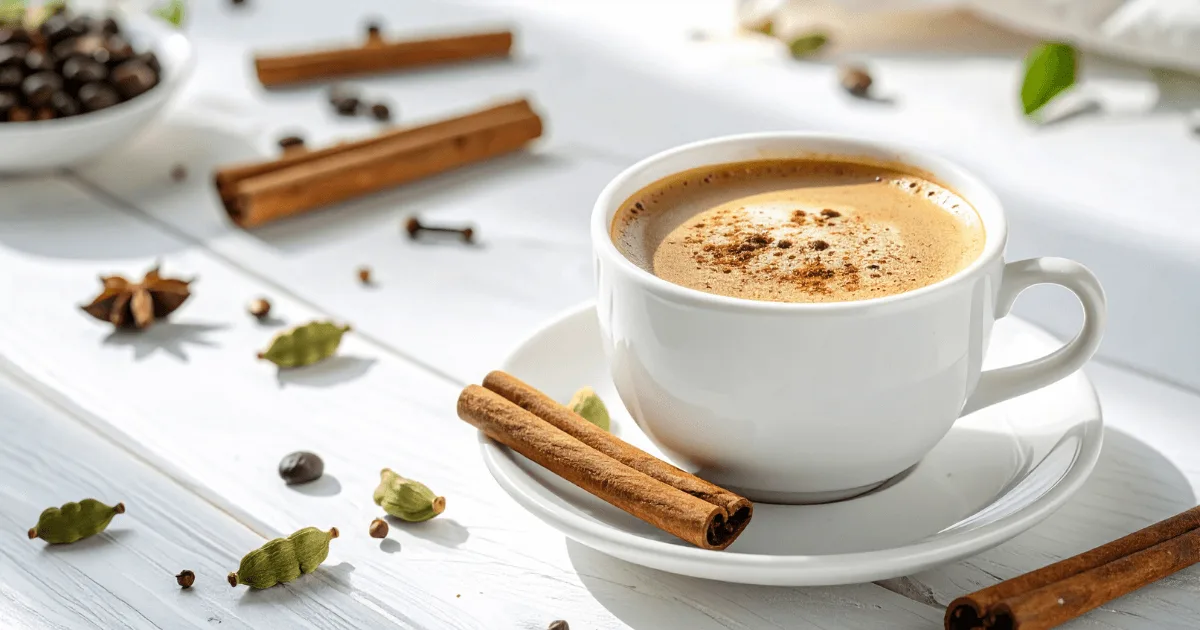 A traditional Yemeni coffee cup served with cardamom and cinnamon on a rustic wooden table.