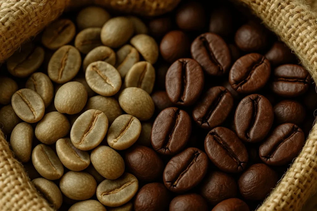 Close-up of Yemeni coffee beans, both raw and roasted, showing their unique texture.