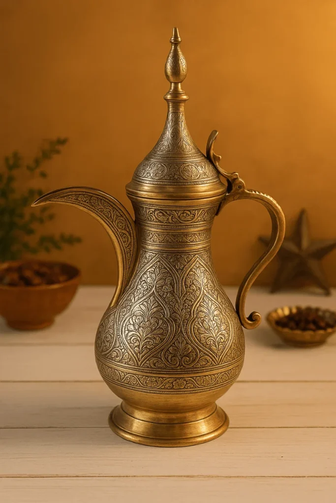 A traditional Yemeni dallah pot used for brewing authentic Yemeni coffee.