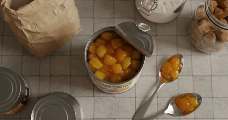 Open can of fruit cocktail on a rustic counter surrounded by pantry ingredients like flour and sugar, capturing a budget-friendly kitchen scene.