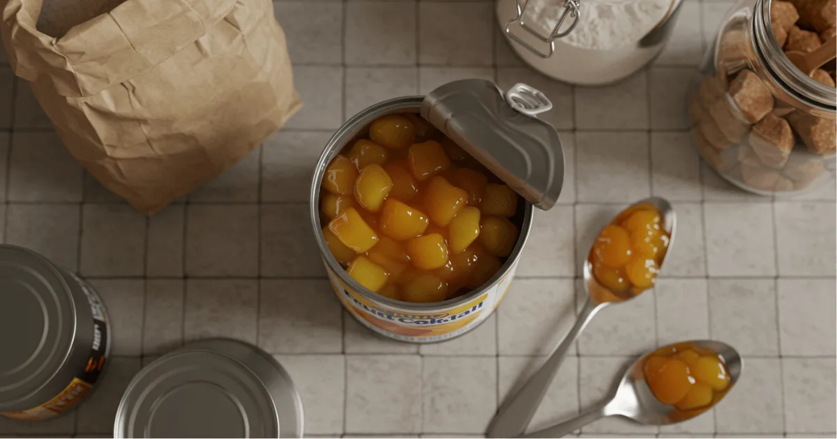 Open can of fruit cocktail on a rustic counter surrounded by pantry ingredients like flour and sugar, capturing a budget-friendly kitchen scene.