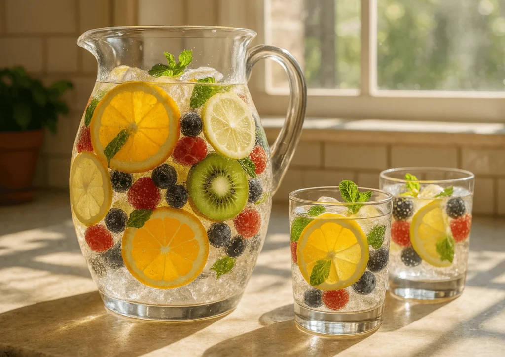 A pitcher of mixed fruit sparkling soda with orange, lemon, kiwi, and berries, served with ice and fresh herbs for a vibrant and refreshing drink.