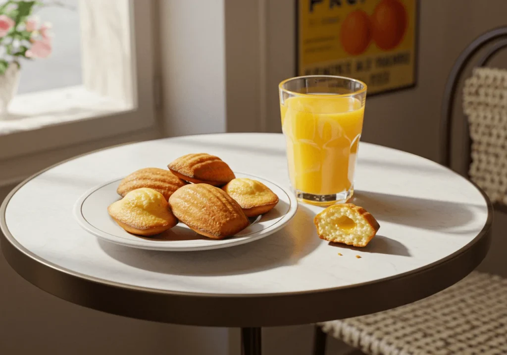 Madeleines – Soft Shell-Shaped Sponge Cakes with Buttery Goodness next to a glass of juice on a bistro table, bathed in soft natural light